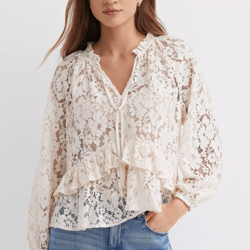 NWT LOFT Women’s Whitecap Cream Floral Lace Ruffle Peplum Blouse Top size L